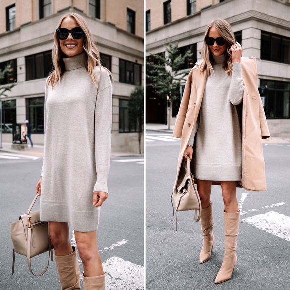 EVERLANE The Cashmere Turtleneck Dress Oatmeal Tan Long Sleeve Knee Length NEW